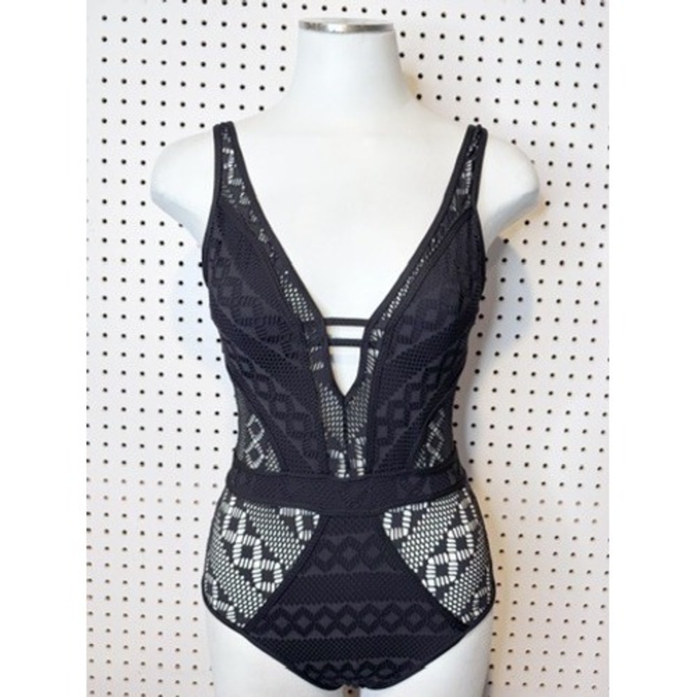 Becca by Rebecca Virtue | Black Geometric Lace Plunging One Piece‎ Swimsuit